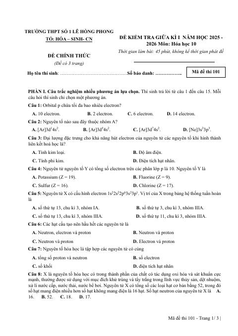 Đề thi Giữa kì 1 Hóa học 10 năm 2025-2026 trường THPT số 1 Lê Hồng Phong (Đắk Lắk)